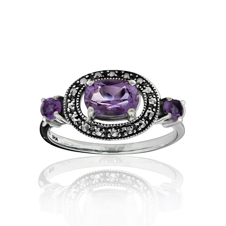 Marcasite and Amethyst 3-stone Ring - Click Image to Close